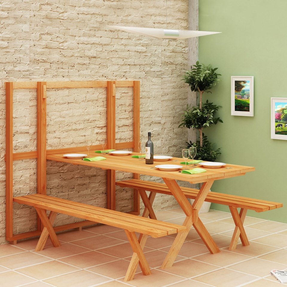 最小限に収納】壁にフラットに収まるテーブルとベンチ | 住宅デザイン