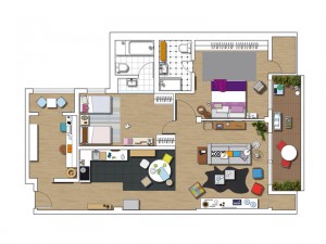 リビングと寝室、両方から出られるコンパクトなテラスのある家の間取り図